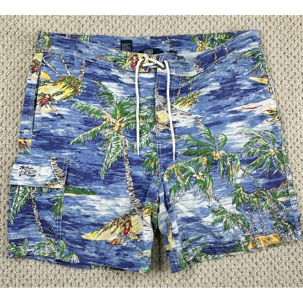 Vtg Polo Ralph Lauren Board Shorts Mens L Blue Swim Trunks Tie Front Palm Tree